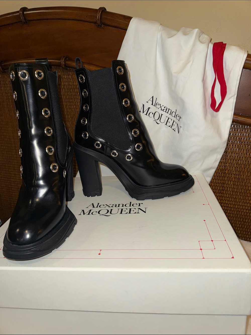 Alexander McQueen Tread Grommet High Heel  Patent Grommet Chelsea Boots 2021